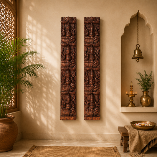 Vertical Ashta Ganesha Wall Panel Pair – Hand-Carved Wood Decor