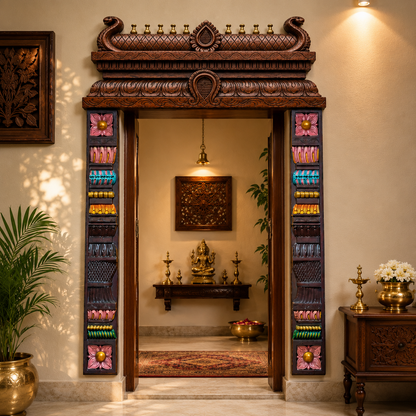 Wooden Carving Gopuram with Hand Painted Side Panels | Traditional Temple Wall Frame