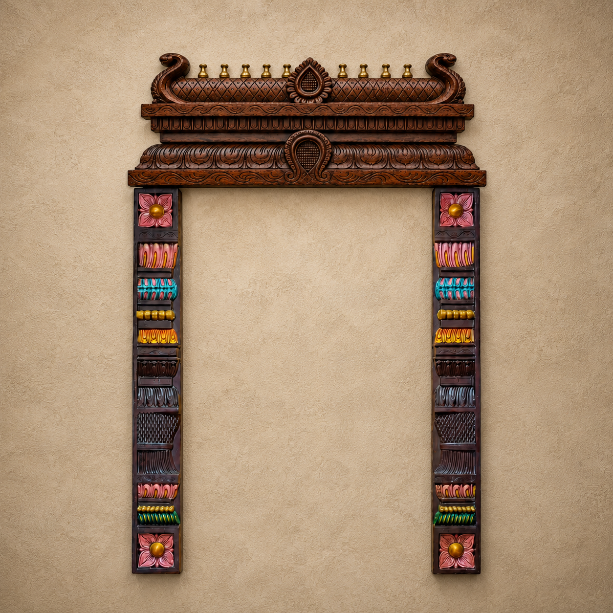 Wooden Carving Gopuram with Hand Painted Side Panels | Traditional Temple Wall Frame