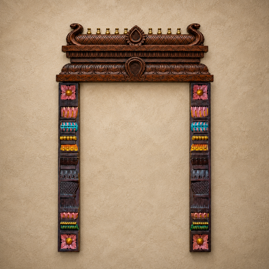 Wooden Carving Gopuram with Hand Painted Side Panels | Traditional Temple Wall Frame