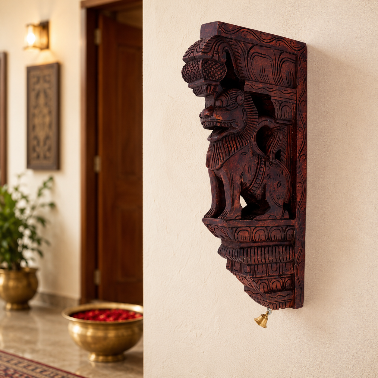 Handcrafted Wooden Yali Carving Wall Bracket – Traditional Temple Style Decor