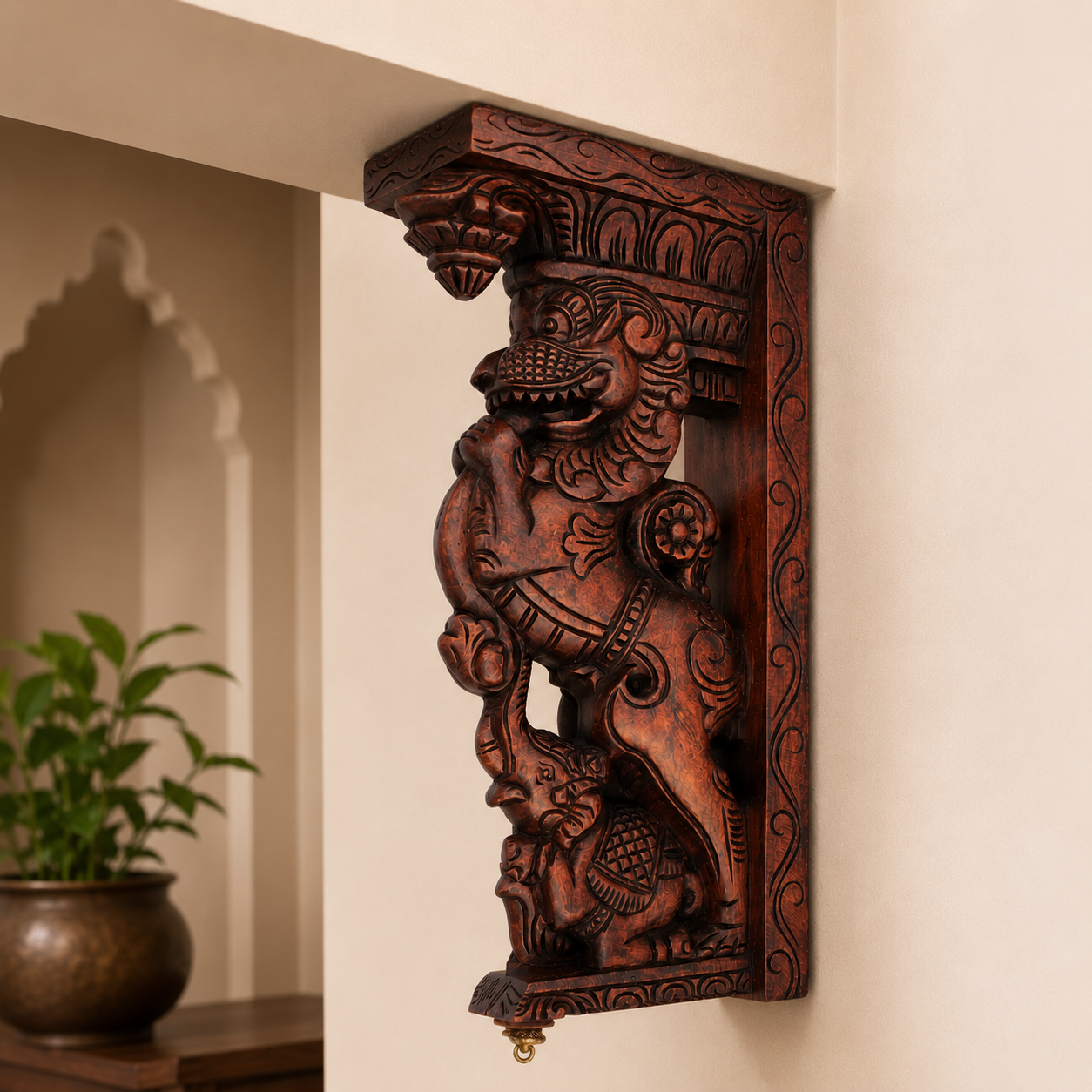 Handcrafted Wooden Yali Guardian Carving Wall Bracket – Temple Style Decor