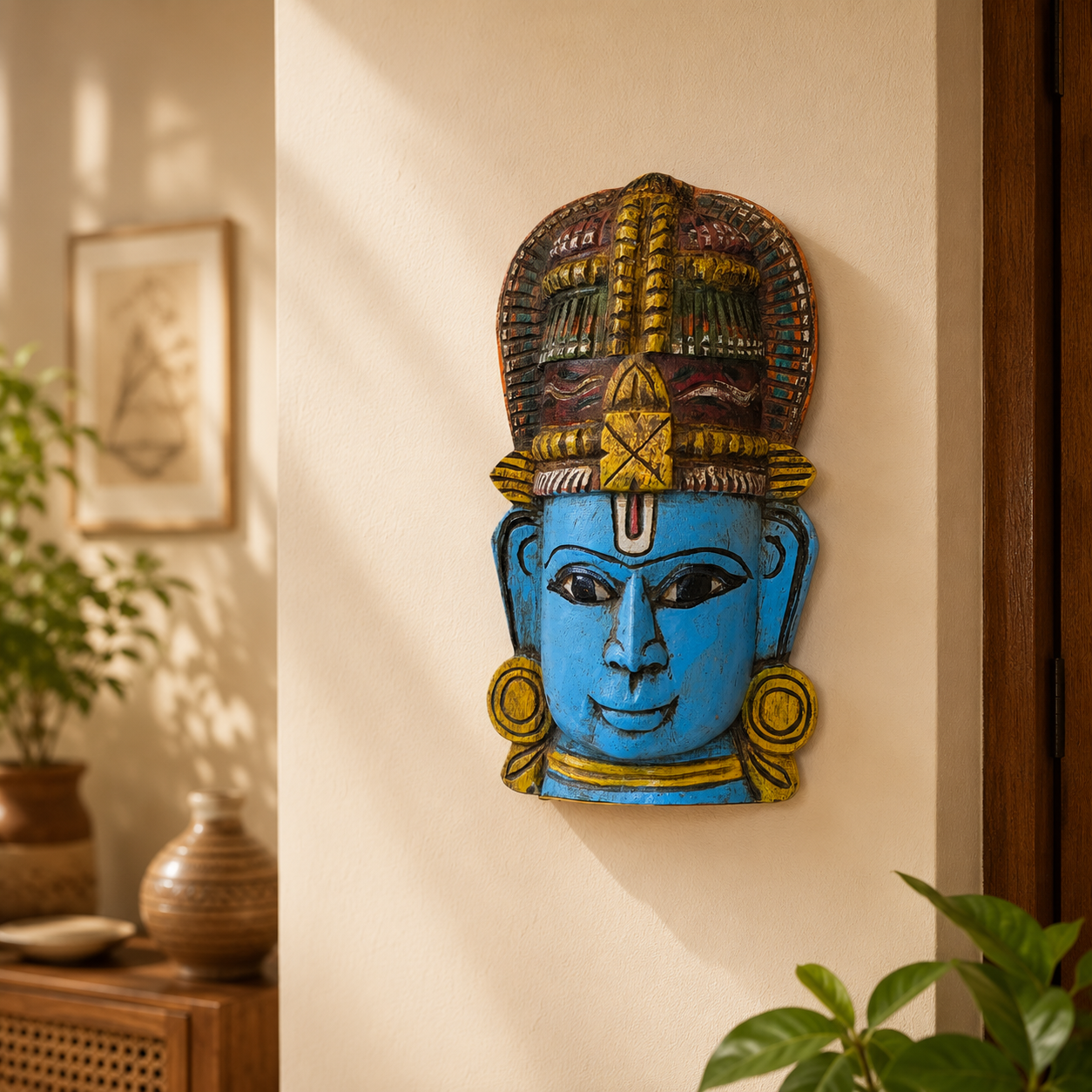 12 Inch Wooden Vishnu Mask – Hand-Carved Wall Decor