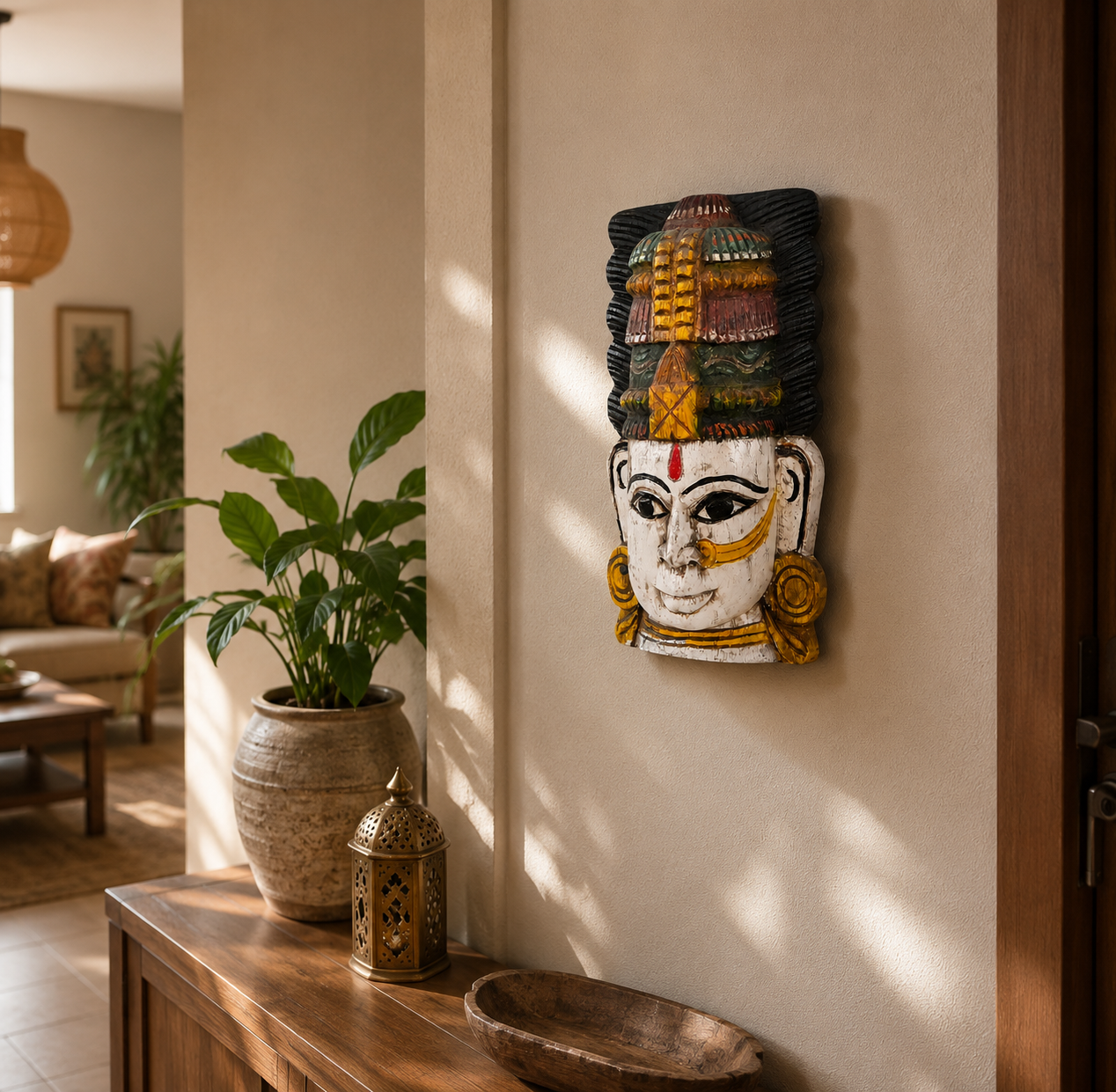 12" Parvathi Mask – Hand-Carved Vagai Wood Wall Decor