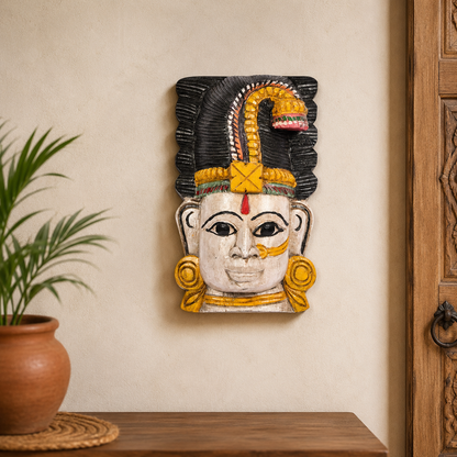 12" Parvathi Painted Wooden Mask – Hand-Carved Wall Decor