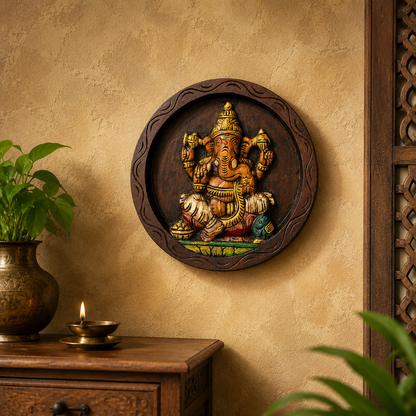 Handcrafted Wooden Lord Ganesha Wall Plaque – Traditional Round Wall Panel