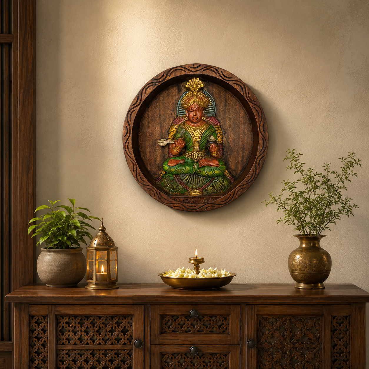 12" Annapoorani Devi Wooden Wall Decor – Multicolour Vagai Wood