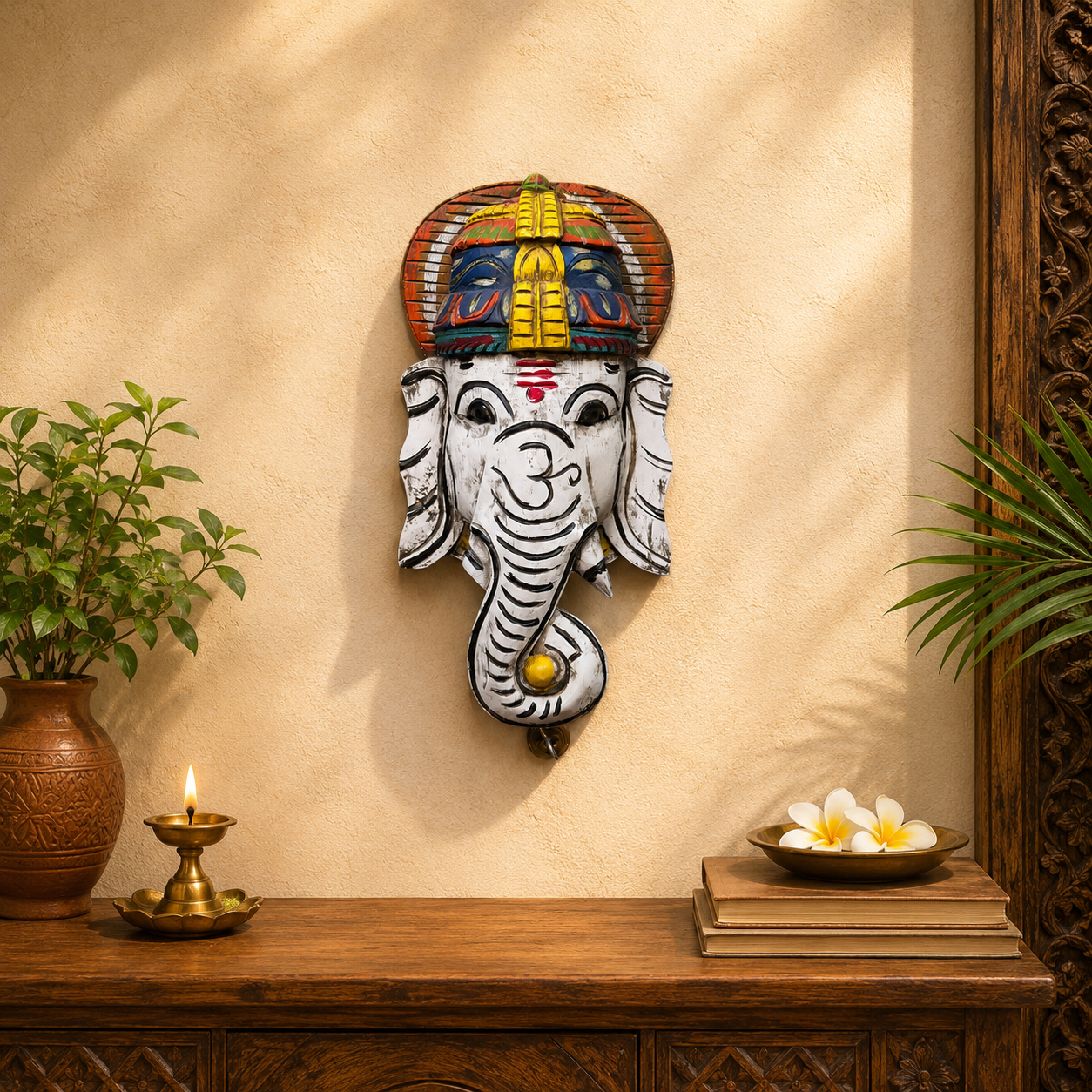 12″ Ganesh Mask – Hand-Carved Vagai Wood Wall Decor