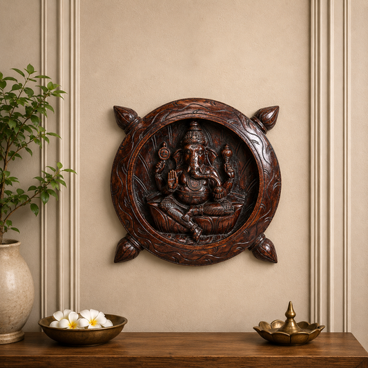 Wooden Ganesha Round Sculpture – Lord Ganesha Wall Decor