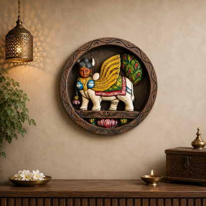 Wooden Wall Hanging Kamdhenu Round Plate – Hand-Carved Décor