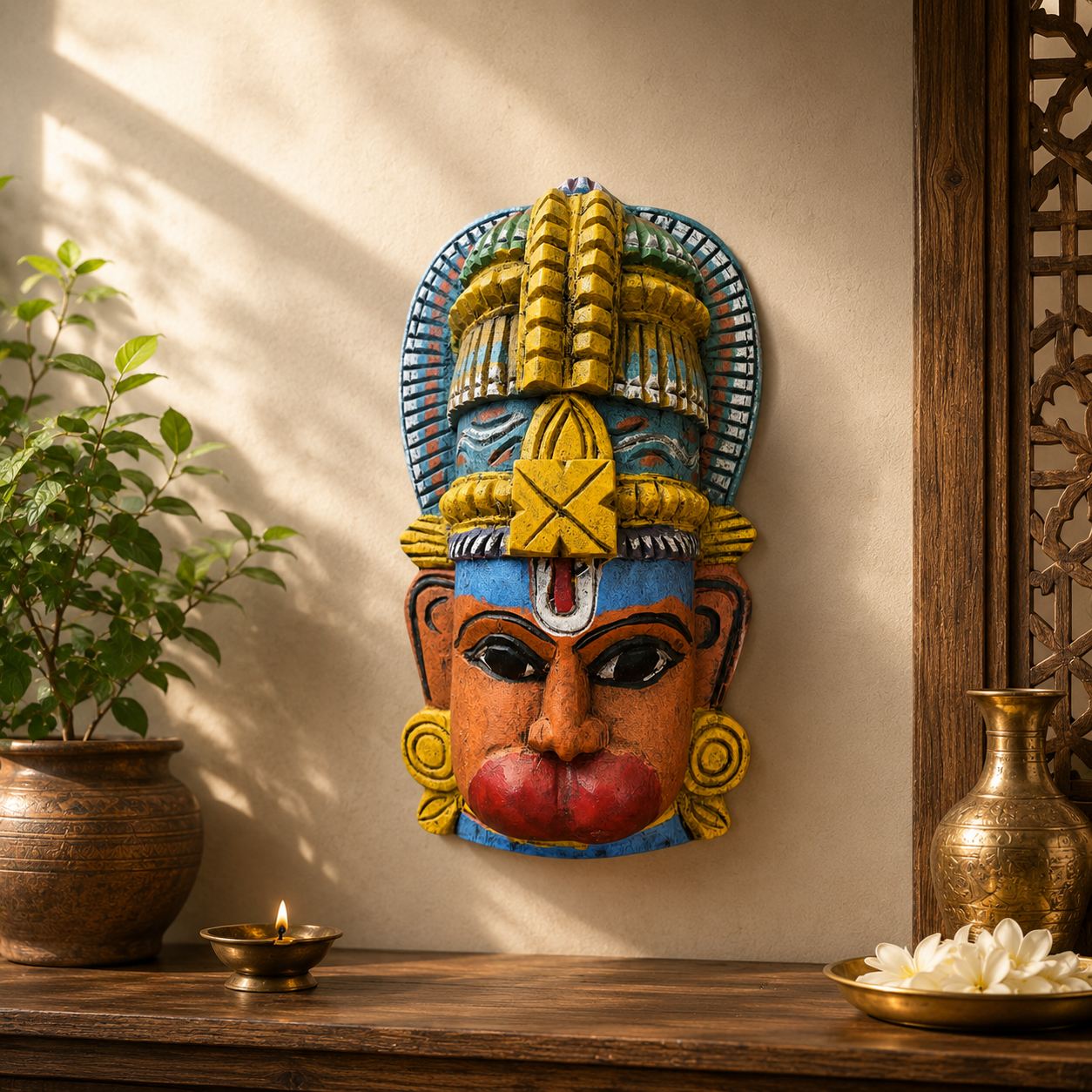 12″ Hanuman Mask – Hand-Carved Vagai Wood Wall Decor