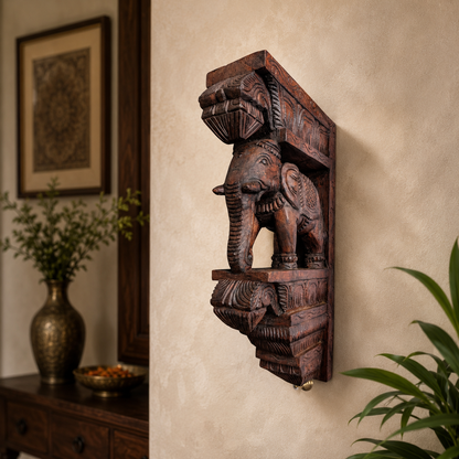 18 Inch Wooden Elephant Wall Bracket – Hand-Carved Decorative Wall Support