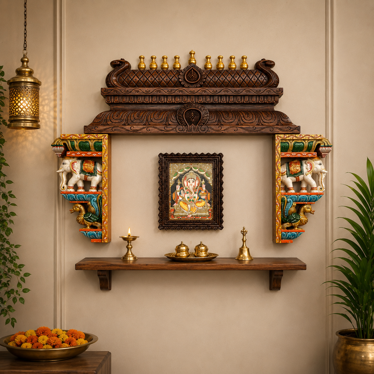 Hand-Carved Gopuram Wooden Wall Panel with Kalash | Traditional Temple Wall Décor | Premium Vagai Wood