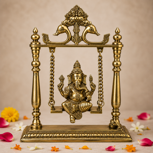 Brass Ganesha on Swing (Jhula) Idol – Handcrafted Solid Brass Ganesh Statue for Home Temple & Décor