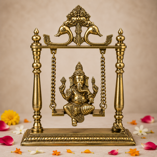 Brass Ganesha on Swing (Jhula) Idol – Handcrafted Solid Brass Ganesh Statue for Home Temple & Décor