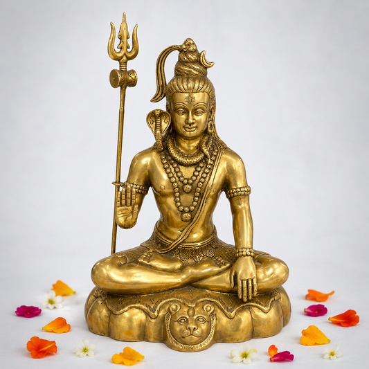 Lord Shiva Brass Idol Sitting with Trishul | Handcrafted Shiva Statue for Home Temple