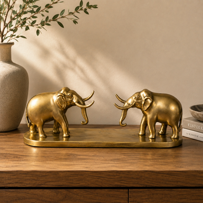 Brass Elephant Pair on Base – Decorative Brass Showpiece for Home
