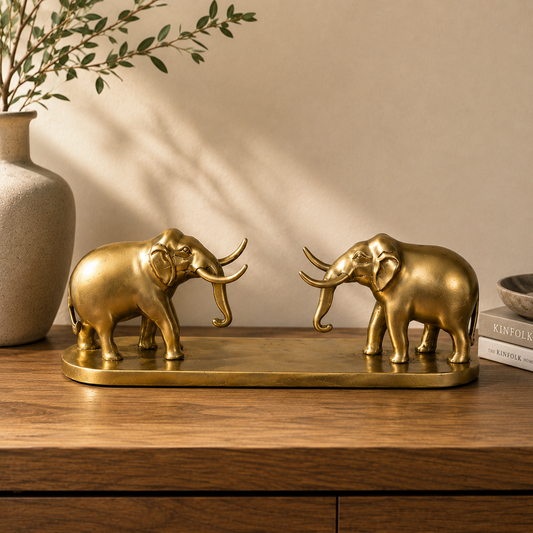 Brass Elephant Pair on Base – Decorative Brass Showpiece for Home