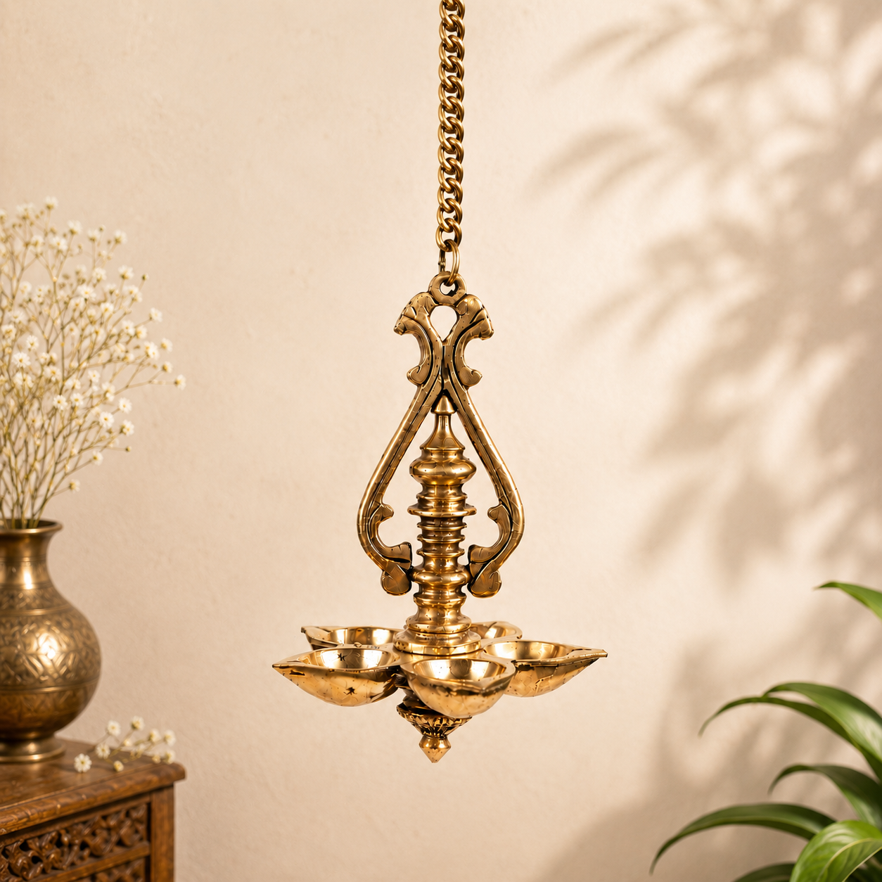 Brass 5-Deepam Hanging Lamp – Decorative Multi-Diya Light
