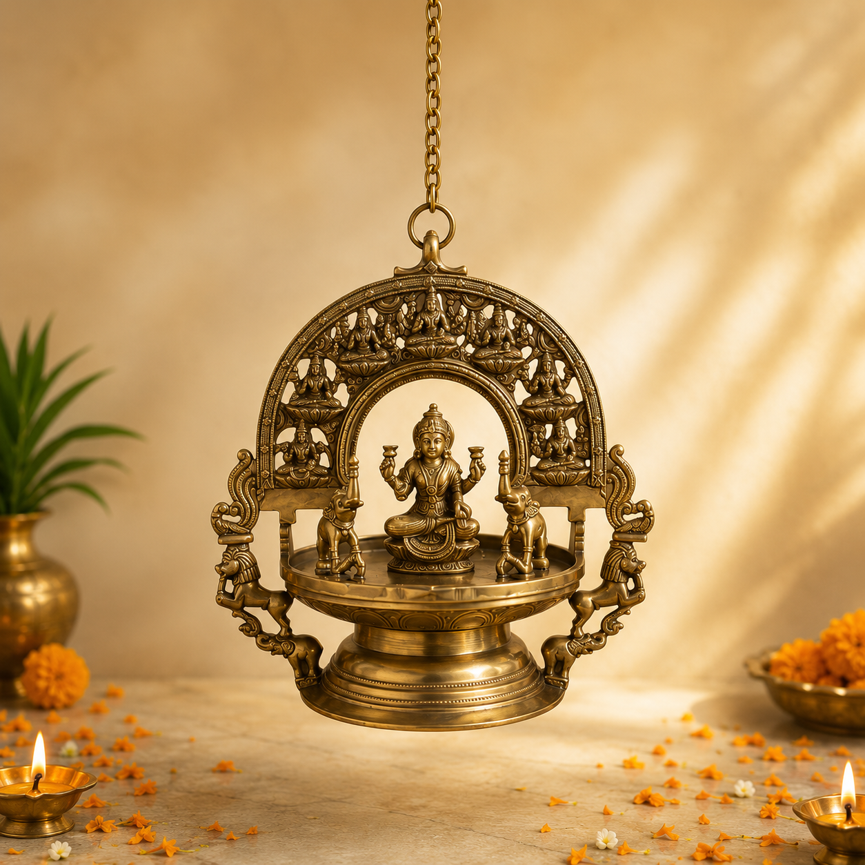 Brass Ashta Lakshmi Deepa Hanging Lamp – Spiritual Hanging Diya