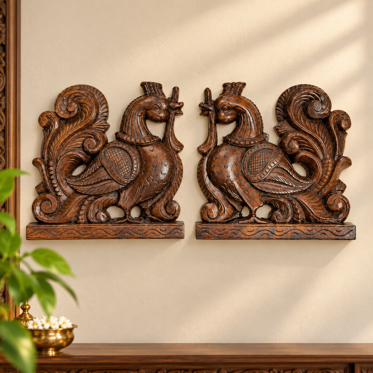 Peacock Wooden Carving Wall Panel (Set of 2) – Hand-Carved Wall Decor