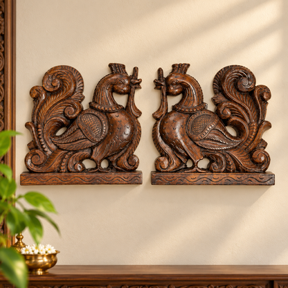 Peacock Wooden Carving Wall Panel (Set of 2) – Hand-Carved Wall Decor