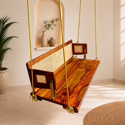 Teak Wood & Cane Backrest Swing – Reversible Jhula