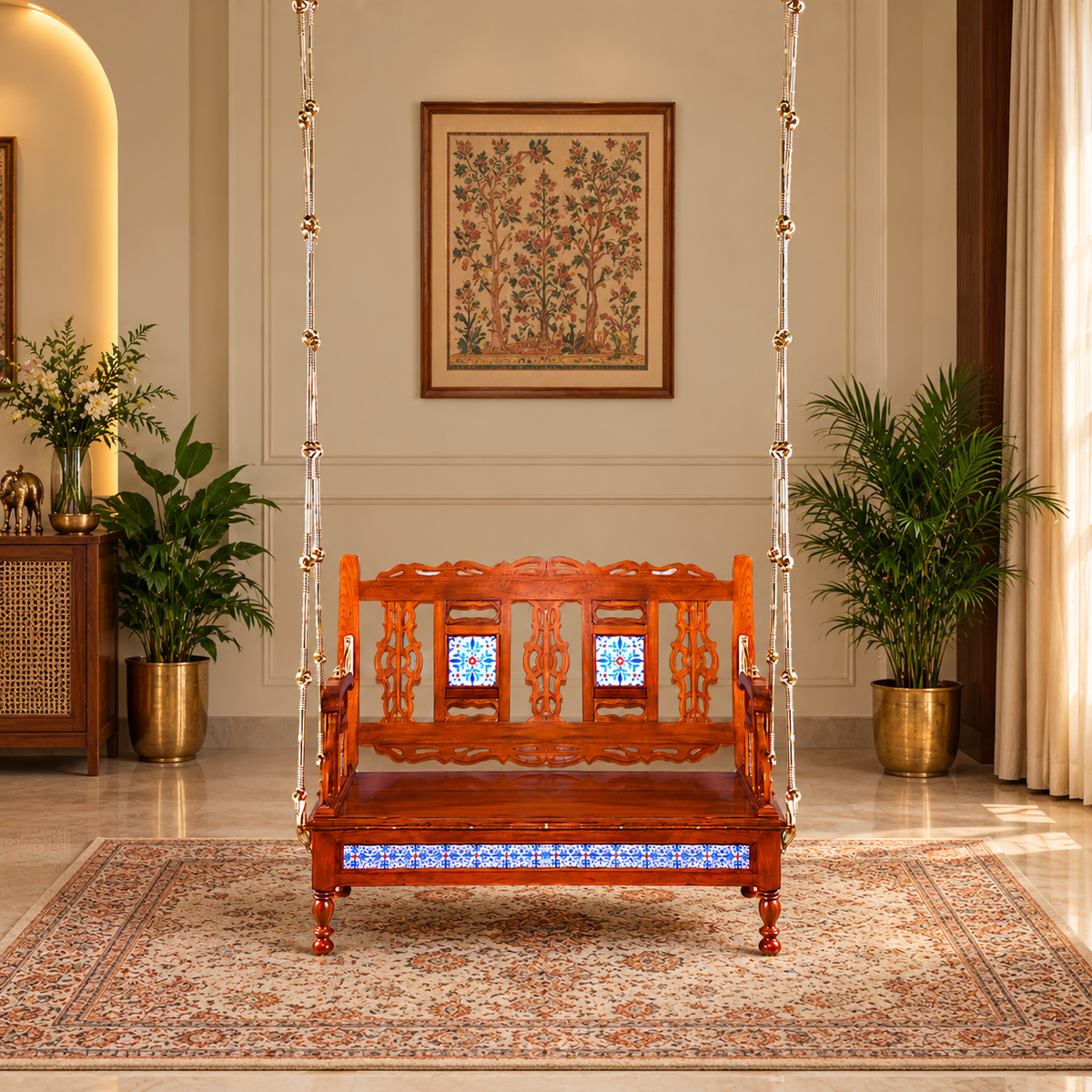 Teakwood Swing with Premium Finish & Handcrafted Tile Work