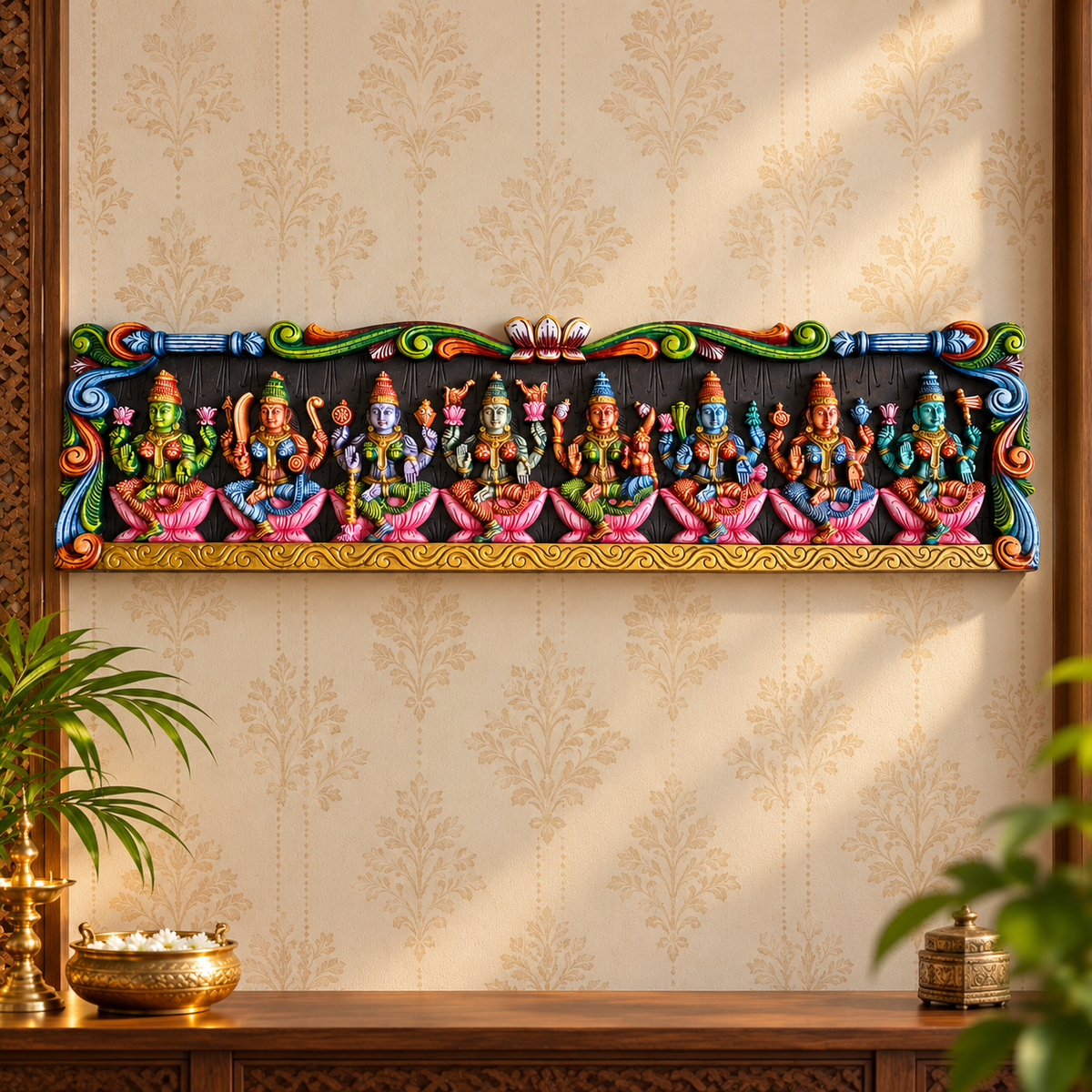 Painted Asthalakshmi Wooden Carving Panel – Handcrafted Multicolour Wall Decor