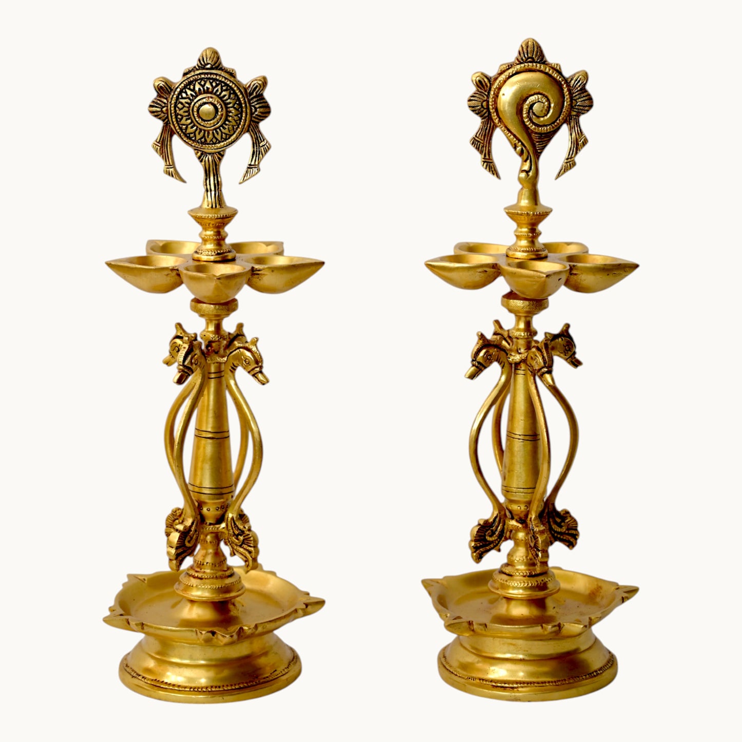 Thar Arts And Furniture - Brass Shankh and Chakra Lamp Set