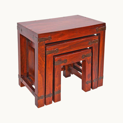 Thar Arts And Furniture - Nesting Stool Set of 3 pcs Corner Metal Belt Finish