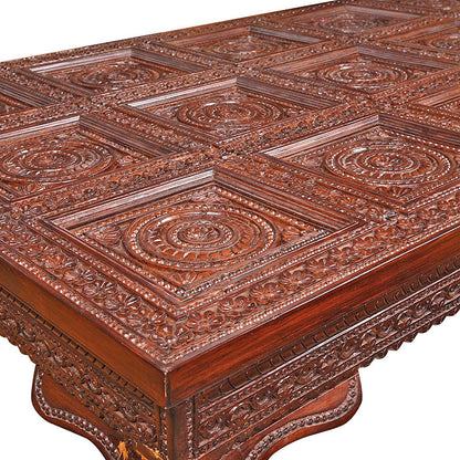 Handcrafted Royal Wooden Dining Table Set with Intricate Carvings – Glass Top, 6 Seater | Thar Arts & Furniture