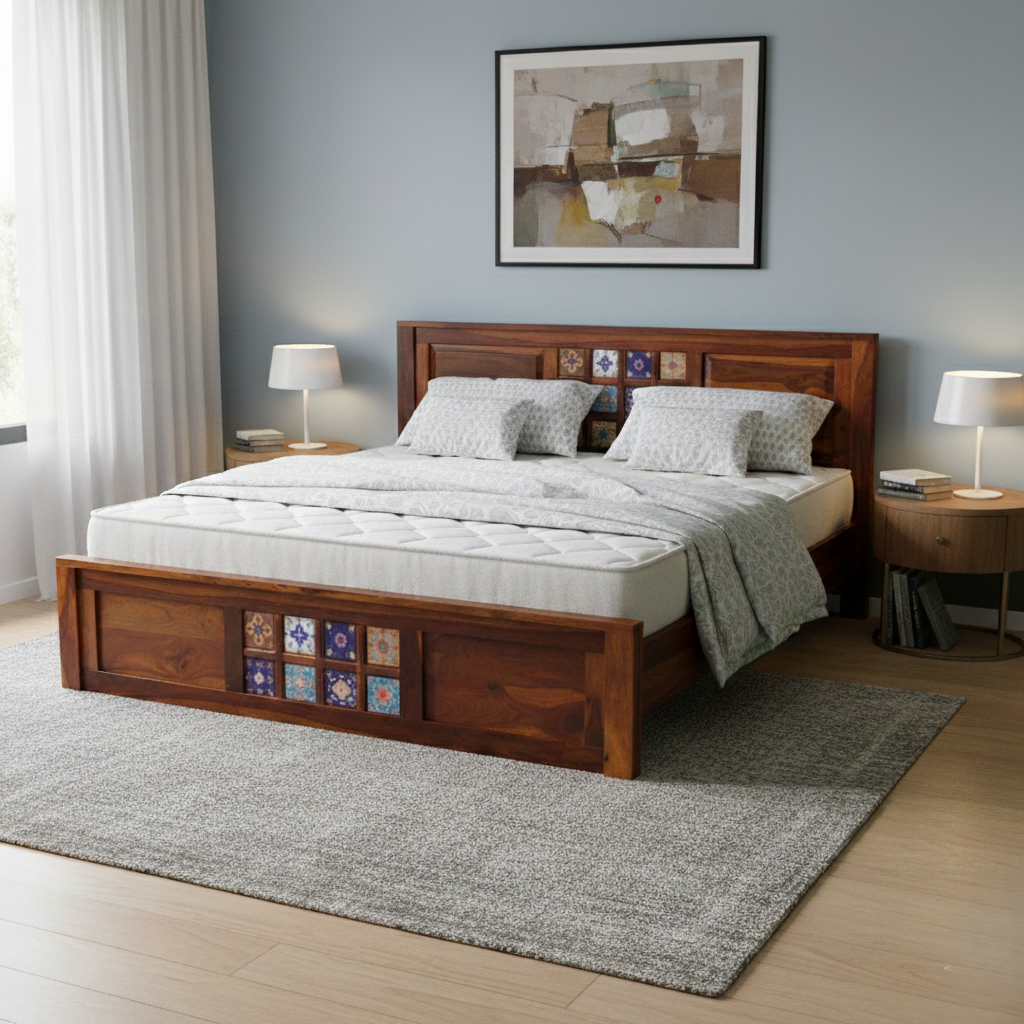 Solid Sheesham Wood King Size Bed with Tiles Finish – Premium Bedroom Furniture | Thar Arts & Furniture