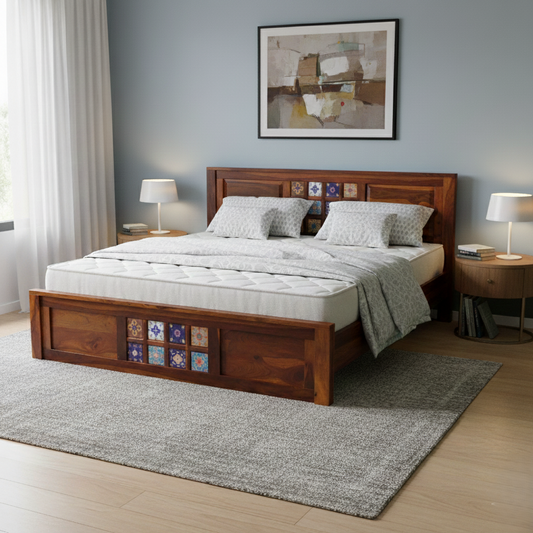 Solid Sheesham Wood King Size Bed with Tiles Finish – Premium Bedroom Furniture | Thar Arts & Furniture