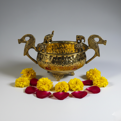 Handcrafted Brass Elephant & Peacock Handle Urli Bowl – Majestic Decorative Centerpiece | Thar Arts & Furniture