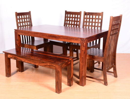 Solid Sheesham Wood Dining Table Set with Bench & Lattice Back Chairs – 6 Seater | Thar Arts & Furniture