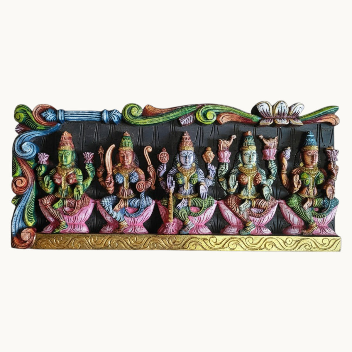 Painted Asthalakshmi Wooden Carving Panel – Handcrafted Multicolour Wall Decor