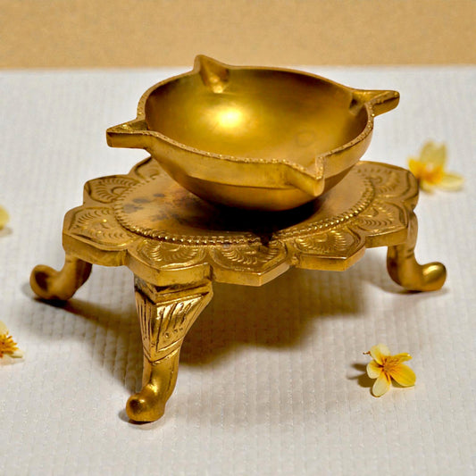 Brass Deepam – Lotus Base Chaumukhi Diya for Pooja & Decor