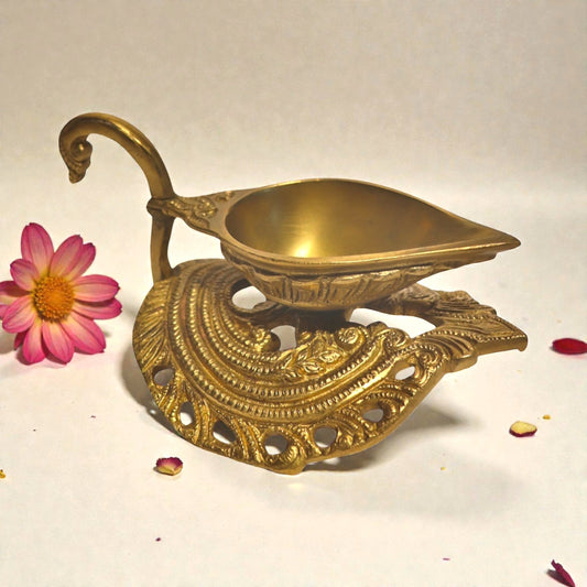 Brass Diya on Leaf Base – Traditional Oil Lamp for Pooja & Home Temple | Thar Arts & Furniture