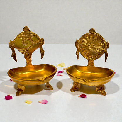 Brass Shankh & Chakra Diya Set – Traditional Pooja Deepam