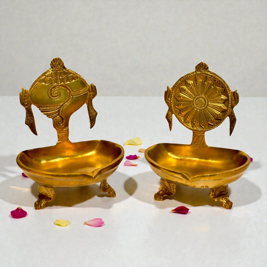 Brass Shankh & Chakra Diya Set – Traditional Pooja Deepam | Thar Arts & Furniture