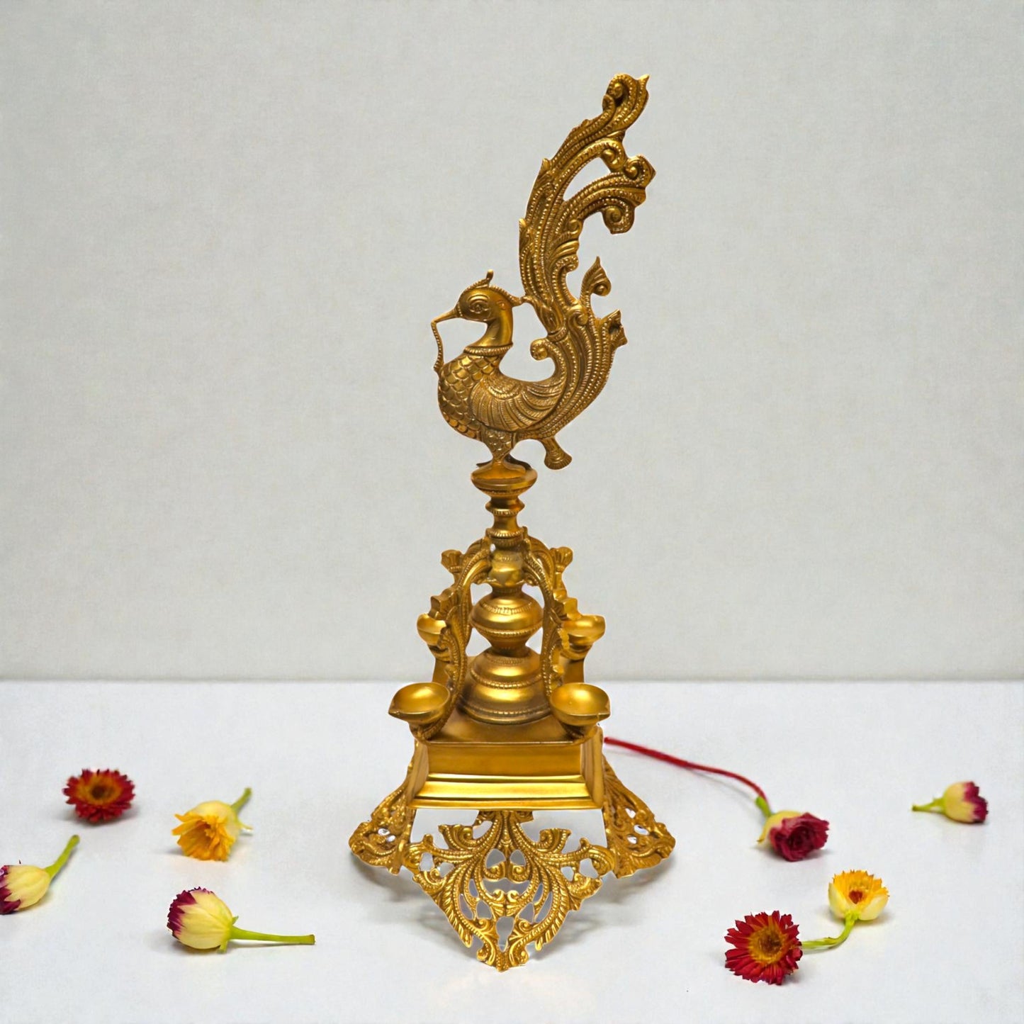 Brass Lamp With Peacock Head & 4 Katori – Decorative Pooja Deepam