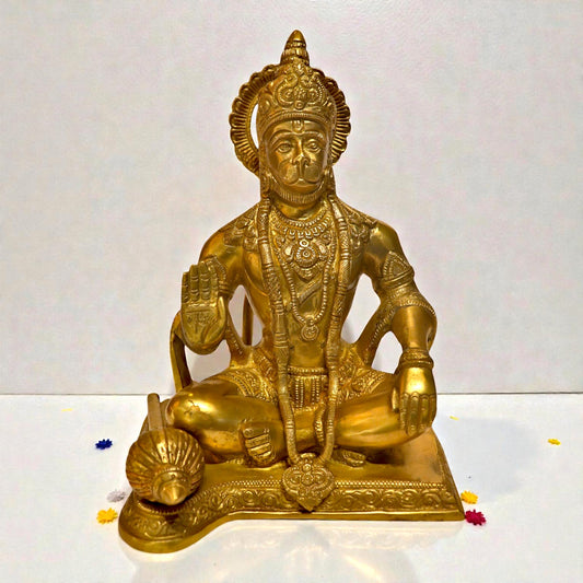 Brass Sitting Hanuman Idol in Blessing Pose – Lord Hanuman Murti | Thar Arts & Furniture