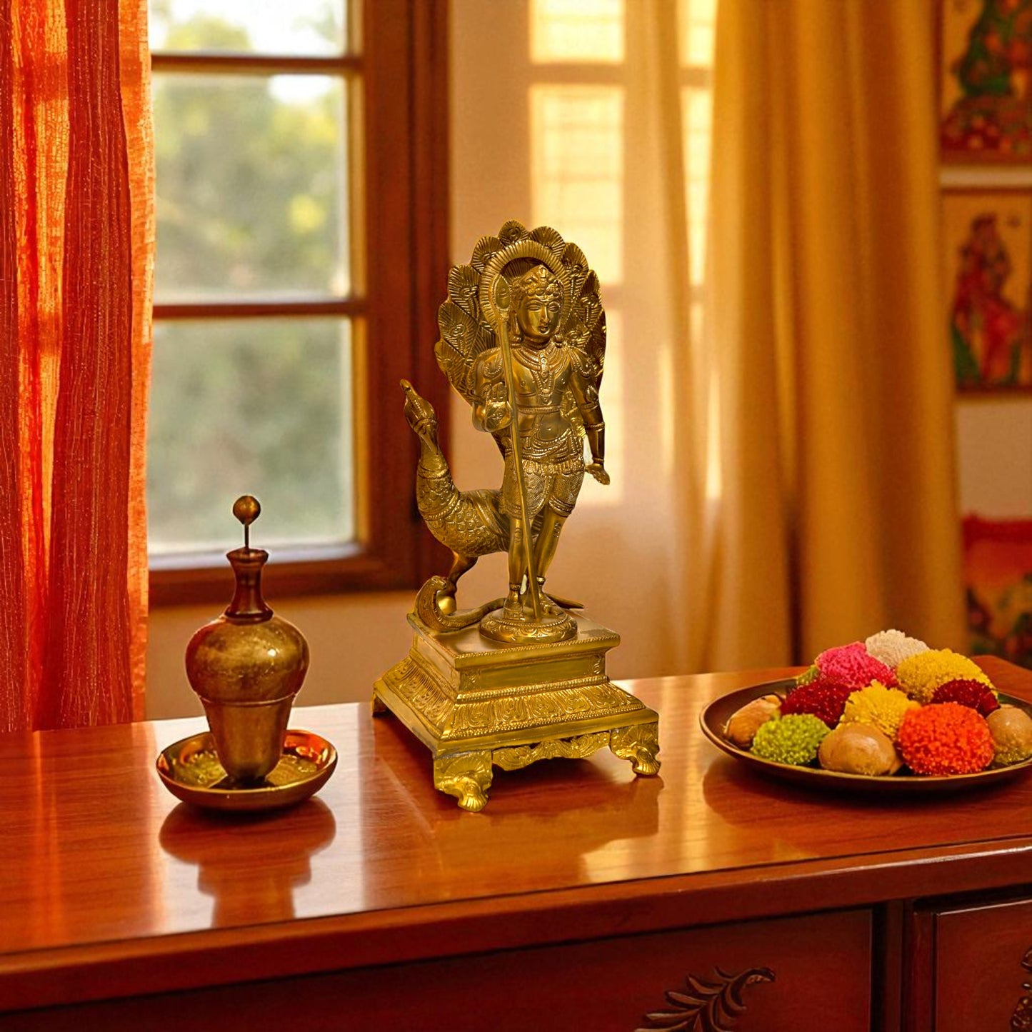 Thar Arts And Furniture - Brass Kartike with Peacock Idol