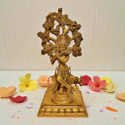 Brass Tree Krishna Statue - Lord Krishna Idol | Thar Arts & Furniture