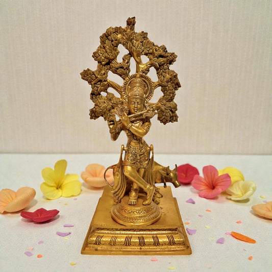 Brass Tree Krishna Statue - Lord Krishna Idol | Thar Arts & Furniture