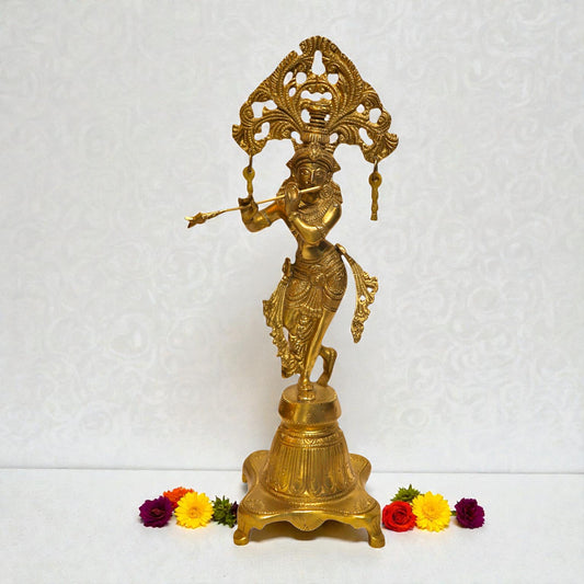 Brass Arch Krishna With Flute Standing Statue – Lord Krishna Idol | Thar Arts & Furniture