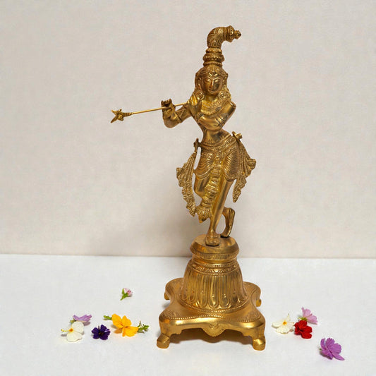 Brass Krishna With Flute Standing Statue – Lord Krishna Idol | Thar Arts & Furniture
