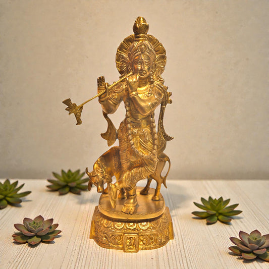 Brass Krishna With Cow Statue – Lord Krishna & Sacred Cow | Thar Arts & Furniture