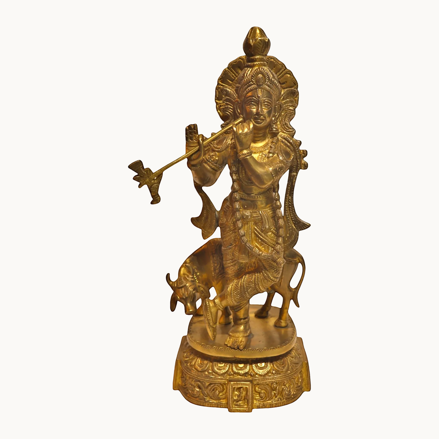 Brass Krishna With Cow Statue – Lord Krishna & Sacred Cow | Thar Arts & Furniture